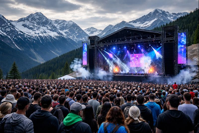 festival techno en montagne avec scène et public en altitude